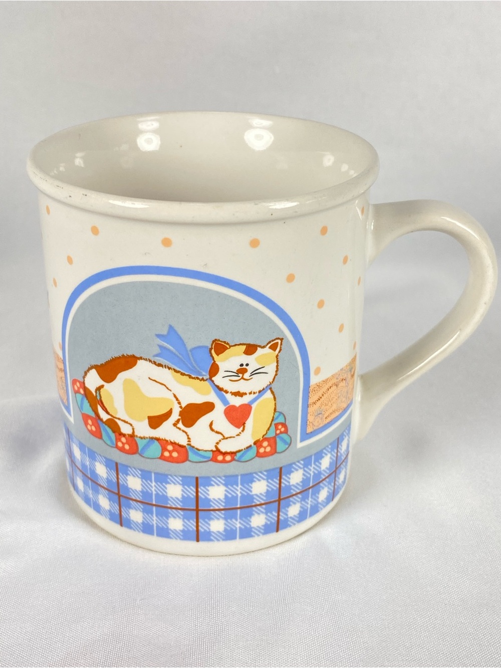 Vintage Cat Coffee Mug Cup Blue Plaid Sleeping Cats Floral 8 oz Ceramic 3.5”